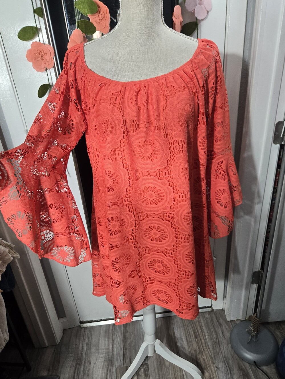 Paisley Grace Crochet 3/4 Bell Sleeve Dress Sz XL Coral Color